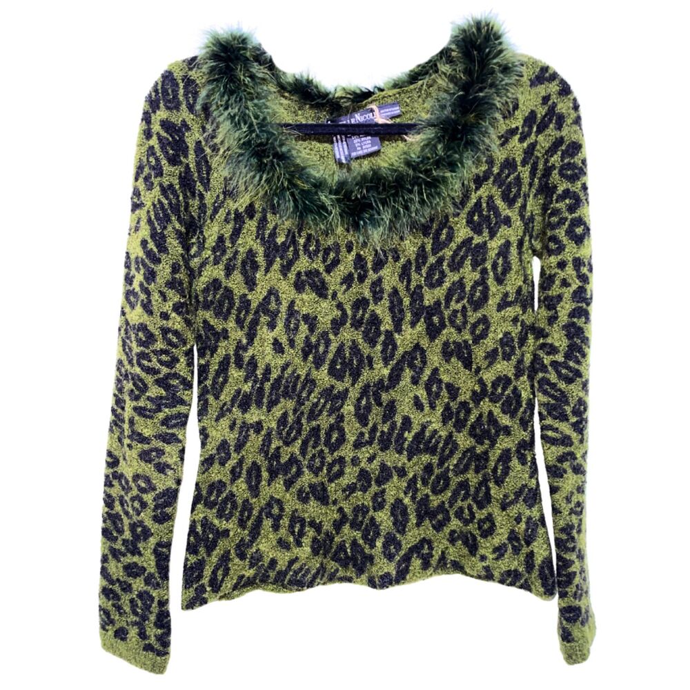 NWT Michelle Nicole Mohair Green Cheetah Feather Trim Sweater Large